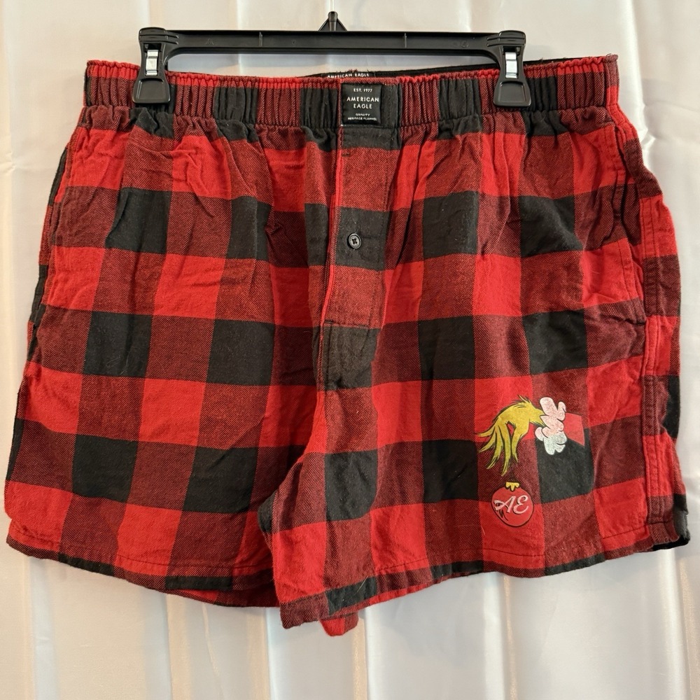 American Eagle x Dr Seuss The Grinch Flannel Red Buffalo Plaid Sleep Shorts